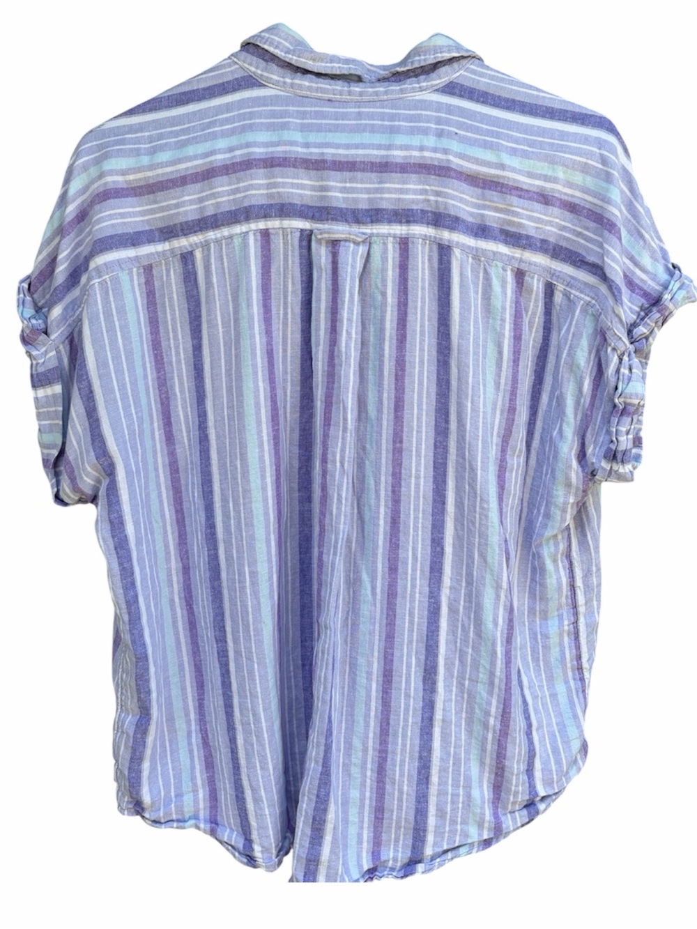 Terry & Sky Linen Blend Lavender Stripe Button-Up Shirt. - Picture 2 of 6